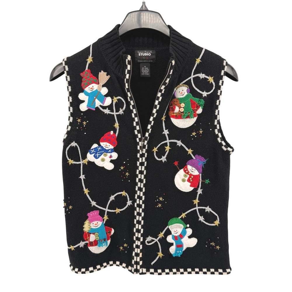Designers Sweater Christmas Vest Women Medium Pre-Owned Black Snowman Sleeveless
